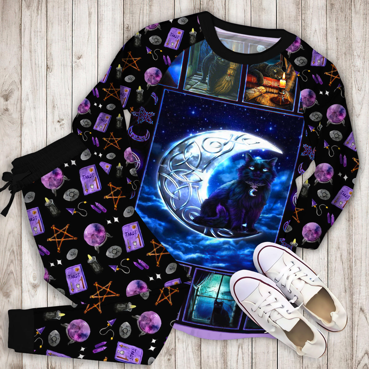 Wicca Pentacle Black Cat Pajama Set | Pajamas | Cotton Sleepwear Sets | Soft Long Sleeve Pjs | Raglan Shirt and Pants Set