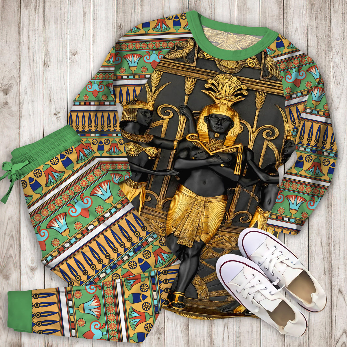 Ancient Egypt Gold Brown Polyester Pajama Set | Pajamas | Cotton Sleepwear Sets | Soft Long Sleeve Pjs | Raglan Shirt and Pants Set