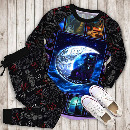 Wicca Pentacle Black Cat Pajama Set | Pajamas | Cotton Sleepwear Sets | Soft Long Sleeve Pjs | Raglan Shirt and Pants Set
