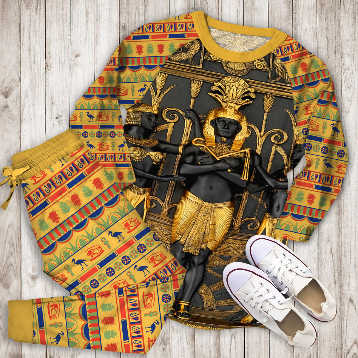 Ancient Egypt Gold Brown Polyester Pajama Set | Pajamas | Cotton Sleepwear Sets | Soft Long Sleeve Pjs | Raglan Shirt and Pants Set