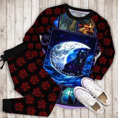 Wicca Pentacle Black Cat Pajama Set | Pajamas | Cotton Sleepwear Sets | Soft Long Sleeve Pjs | Raglan Shirt and Pants Set