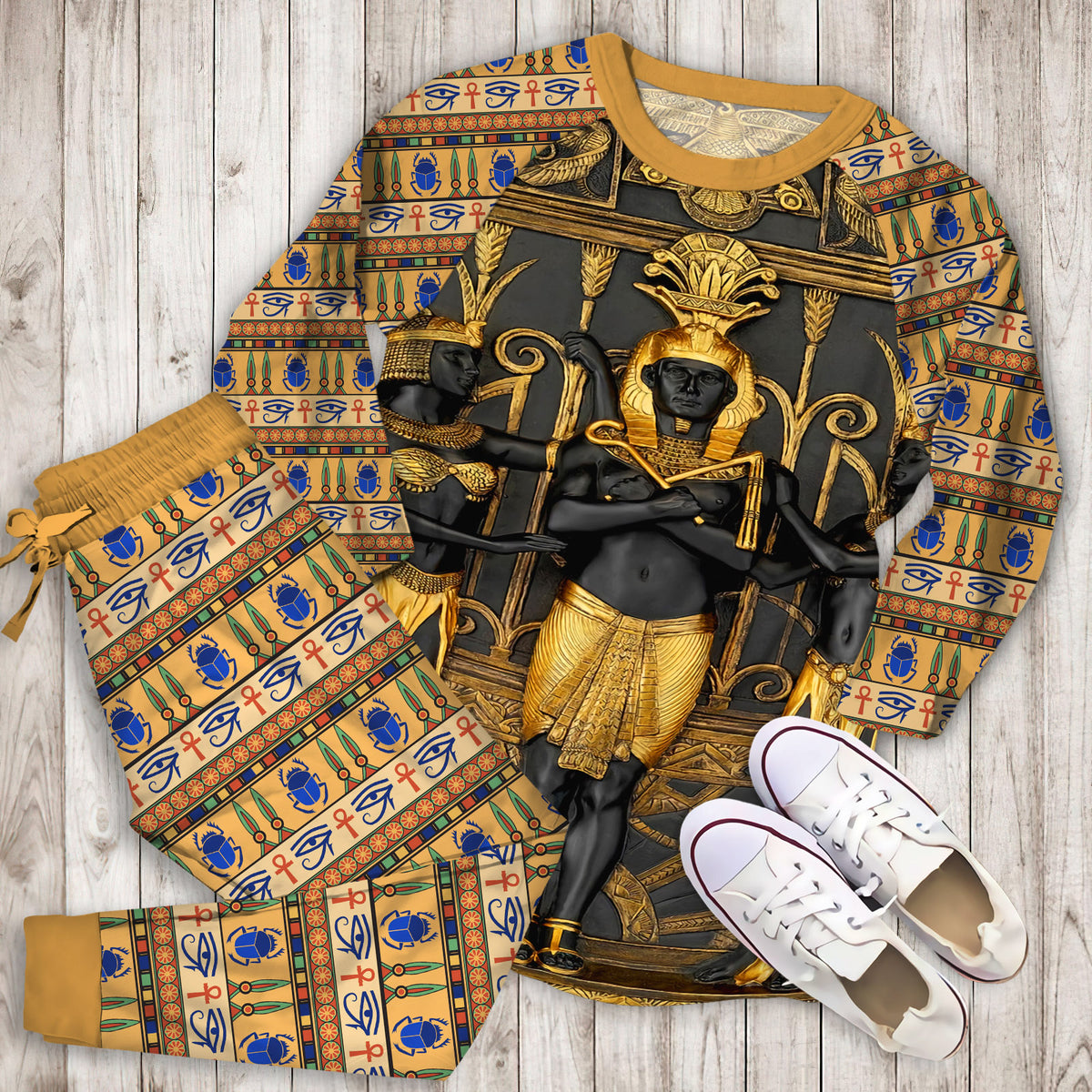 Ancient Egypt Gold Brown Polyester Pajama Set | Pajamas | Cotton Sleepwear Sets | Soft Long Sleeve Pjs | Raglan Shirt and Pants Set