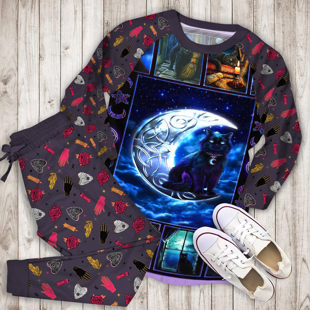Wicca Pentacle Black Cat Pajama Set | Pajamas | Cotton Sleepwear Sets | Soft Long Sleeve Pjs | Raglan Shirt and Pants Set