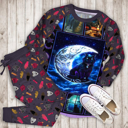 Wicca Pentacle Black Cat Pajama Set | Pajamas | Cotton Sleepwear Sets | Soft Long Sleeve Pjs | Raglan Shirt and Pants Set