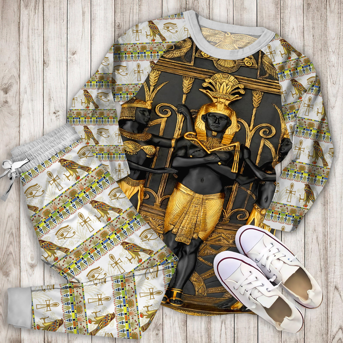 Ancient Egypt Gold Brown Polyester Pajama Set | Pajamas | Cotton Sleepwear Sets | Soft Long Sleeve Pjs | Raglan Shirt and Pants Set