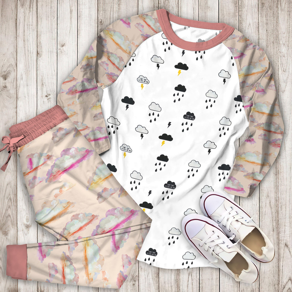 Rain Cloud Thunder Pajama Set |Sleepwear Pjs Sets | Raglan Shirt Pants Set