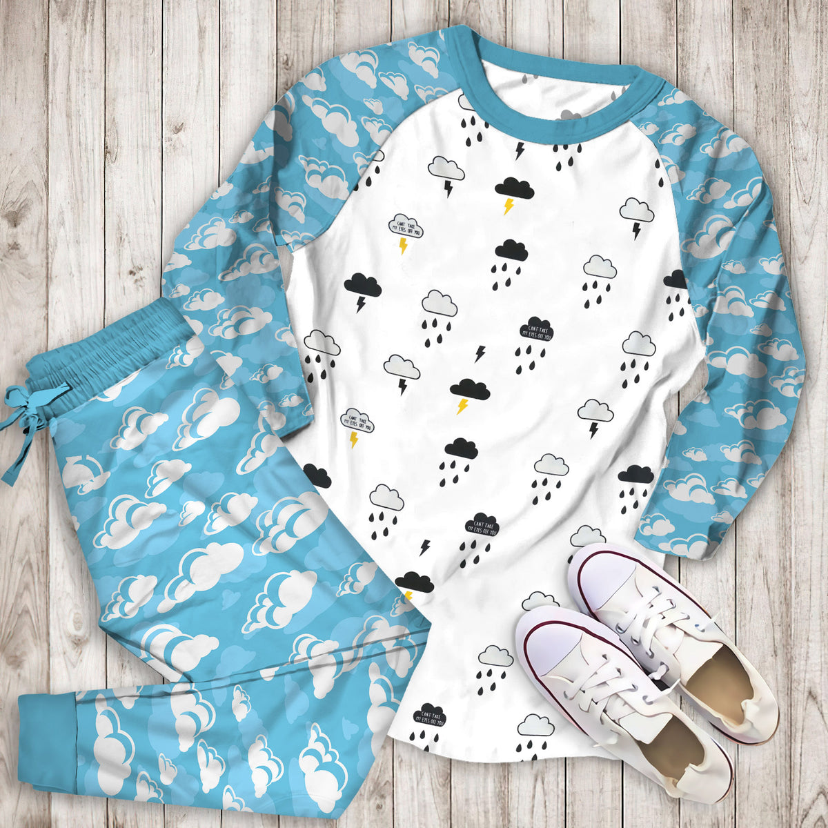 Rain Cloud Thunder Pajama Set |Sleepwear Pjs Sets | Raglan Shirt Pants Set