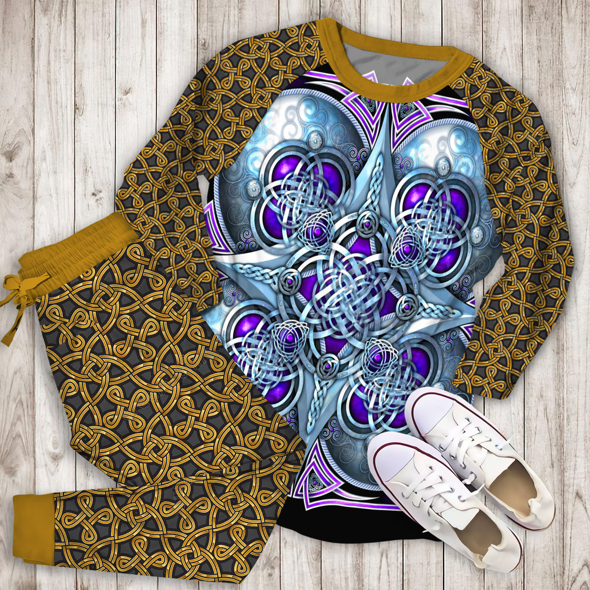 Purple Celtic Hearts Pajama Set | Pajamas | Cotton Sleepwear Sets | Soft Long Sleeve Pjs | Raglan Shirt and Pants Set