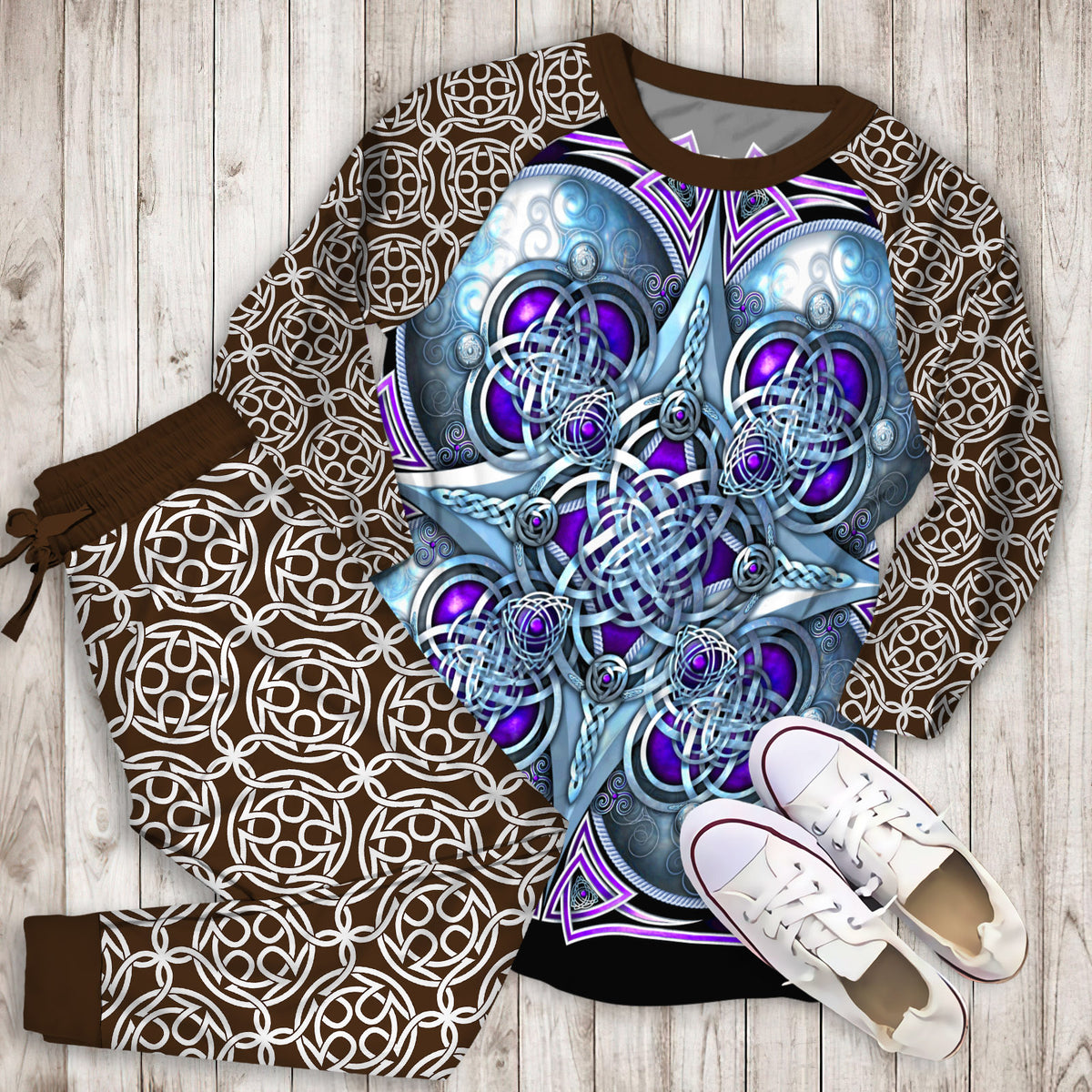 Purple Celtic Hearts Pajama Set | Pajamas | Cotton Sleepwear Sets | Soft Long Sleeve Pjs | Raglan Shirt and Pants Set