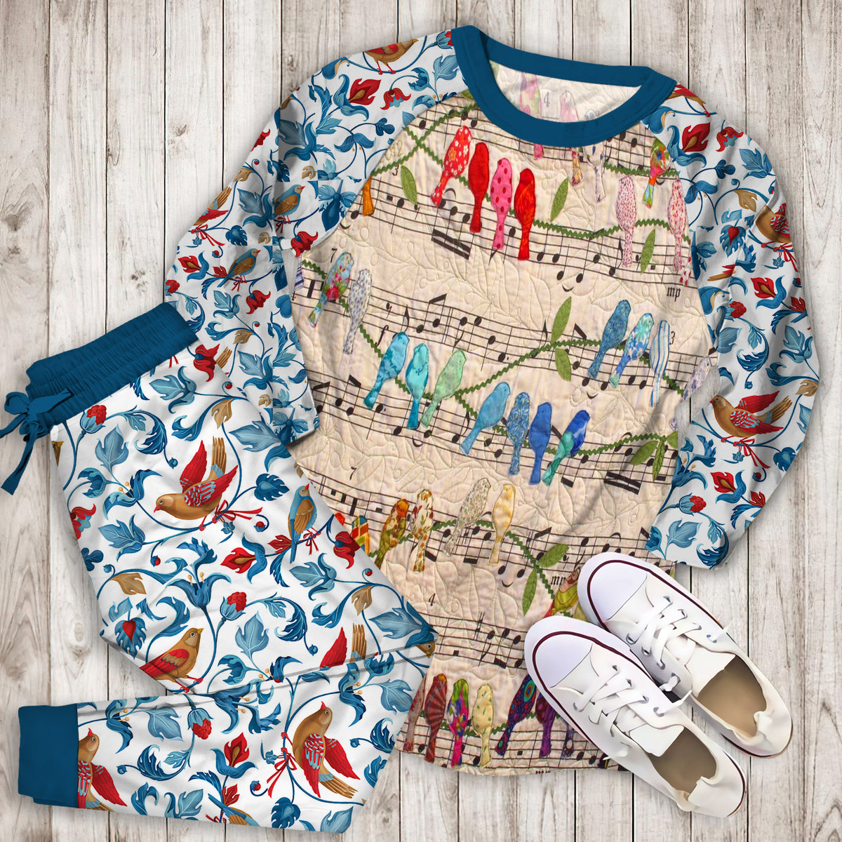 Musical Birds Pajama Set | Pajamas | Cotton Sleepwear Sets | Soft Long Sleeve Pjs | Raglan Shirt and Pants Set