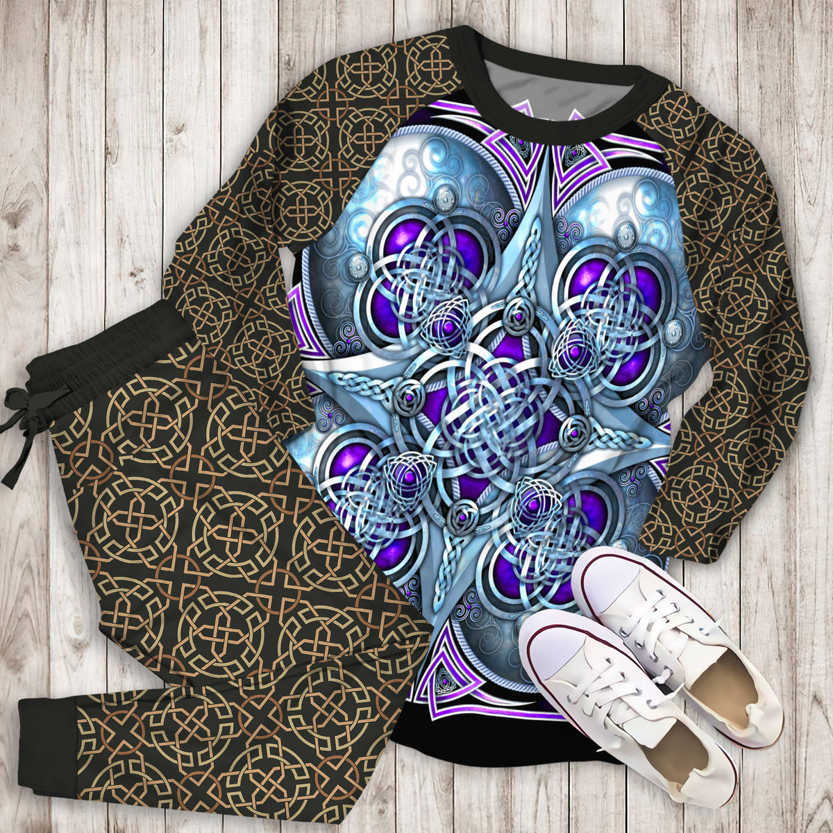 Purple Celtic Hearts Pajama Set | Pajamas | Cotton Sleepwear Sets | Soft Long Sleeve Pjs | Raglan Shirt and Pants Set