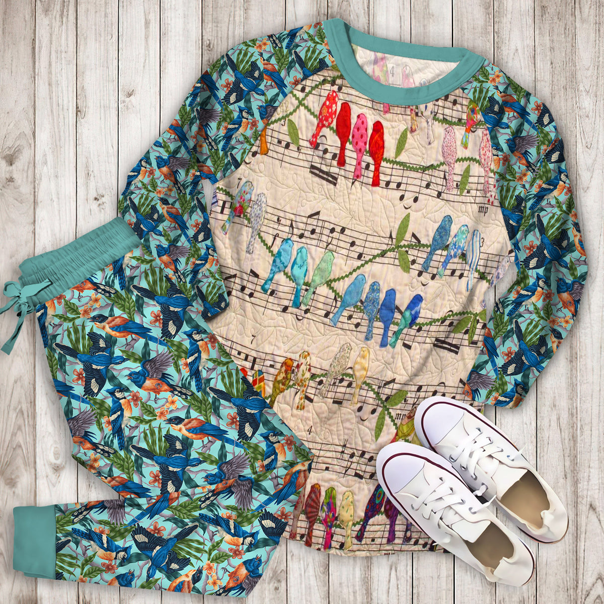 Musical Birds Pajama Set | Pajamas | Cotton Sleepwear Sets | Soft Long Sleeve Pjs | Raglan Shirt and Pants Set