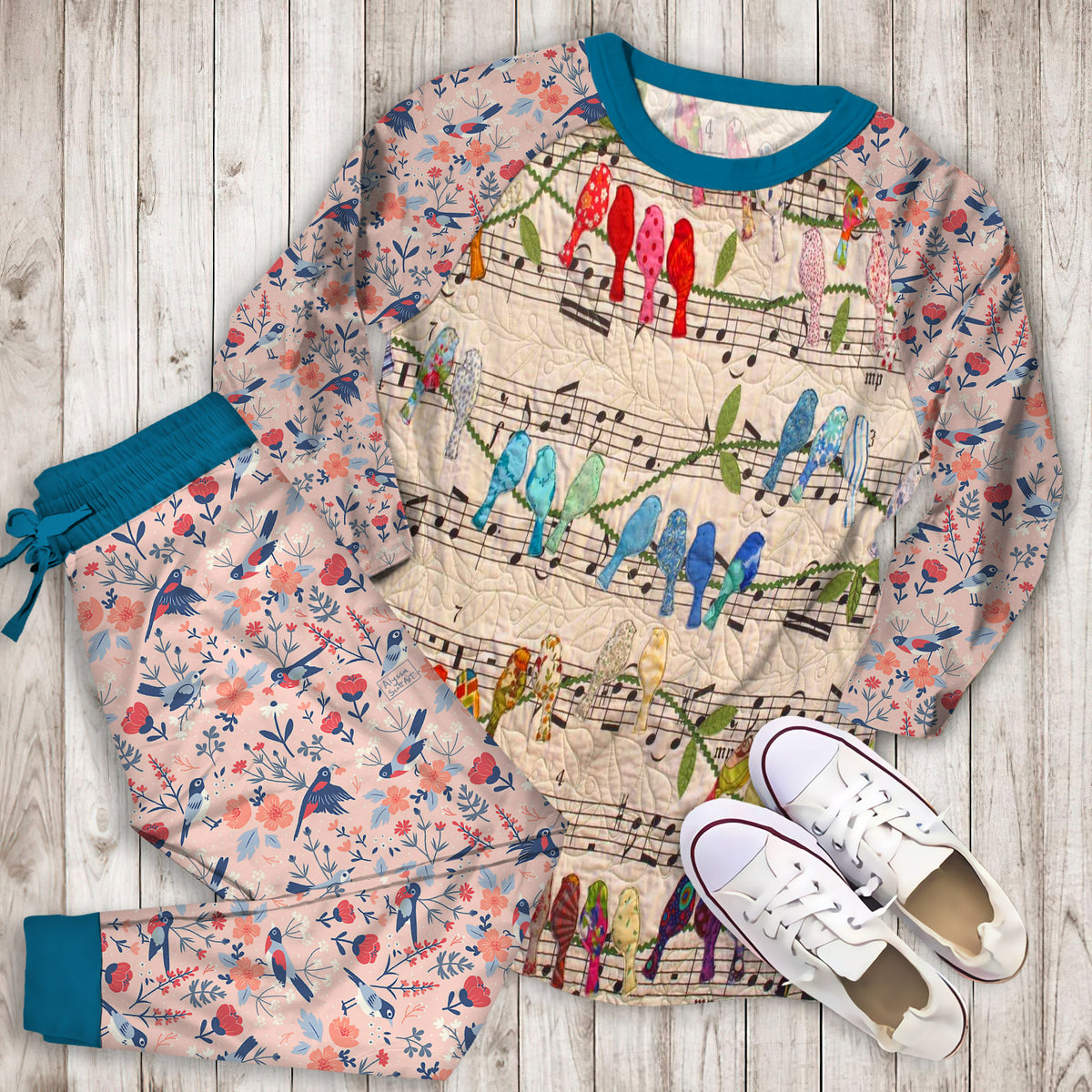 Musical Birds Pajama Set | Pajamas | Cotton Sleepwear Sets | Soft Long Sleeve Pjs | Raglan Shirt and Pants Set