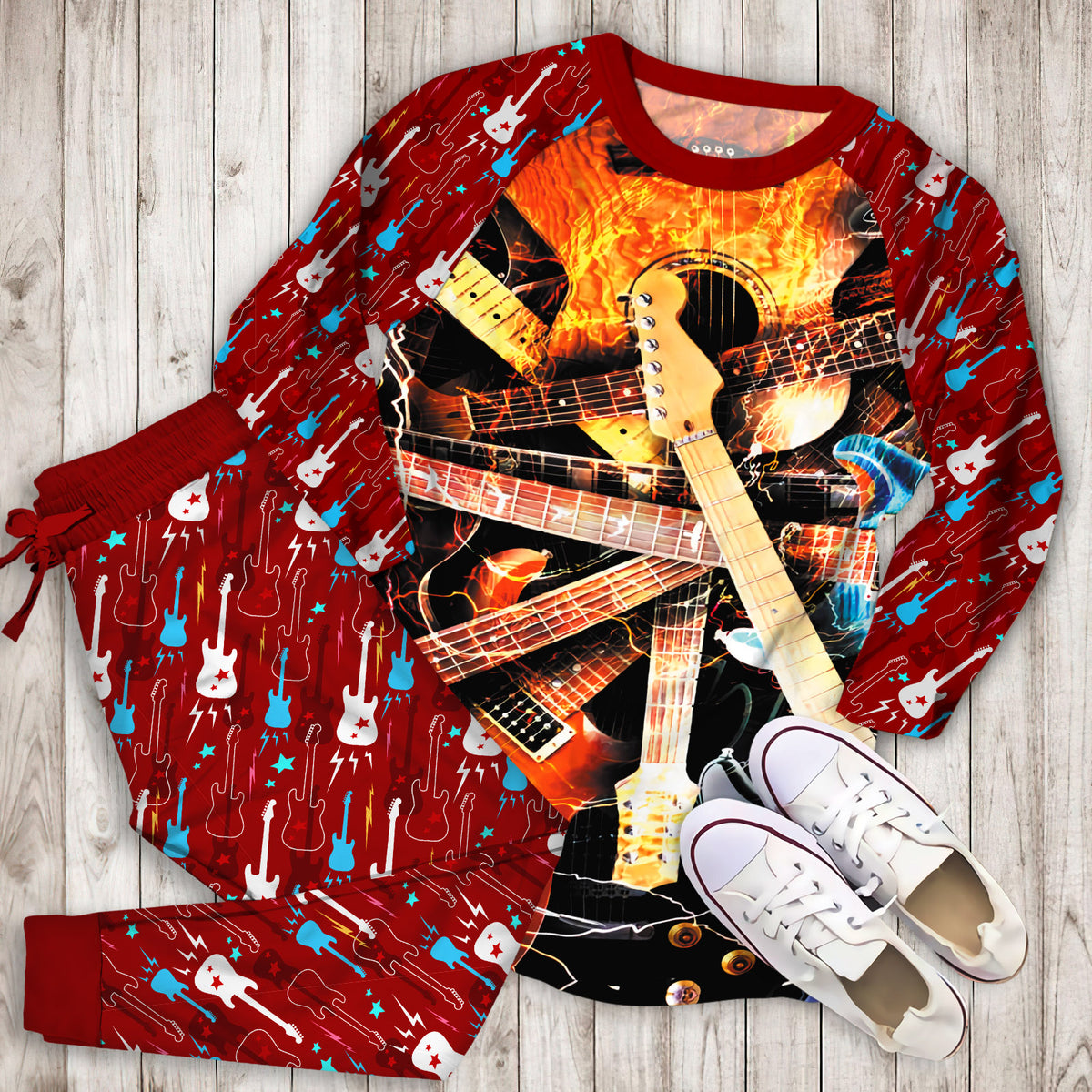 Electric Guitar Pajama Set |Sleepwear Pjs Sets | Raglan Shirt Pants Set