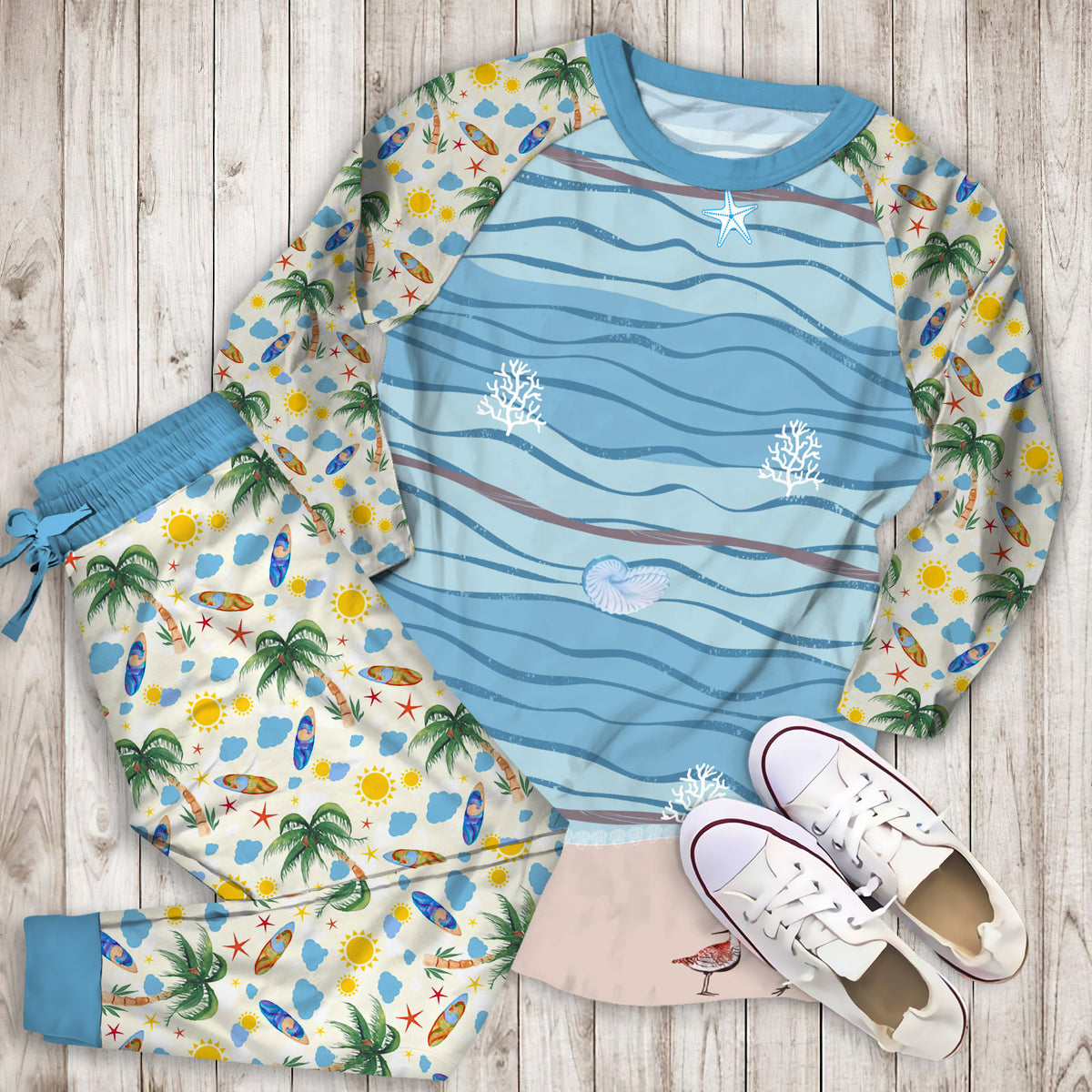 Beach Pajama Set | Pajamas | Cotton Sleepwear Sets | Soft Long Sleeve Pjs | Raglan Shirt and Pants Set