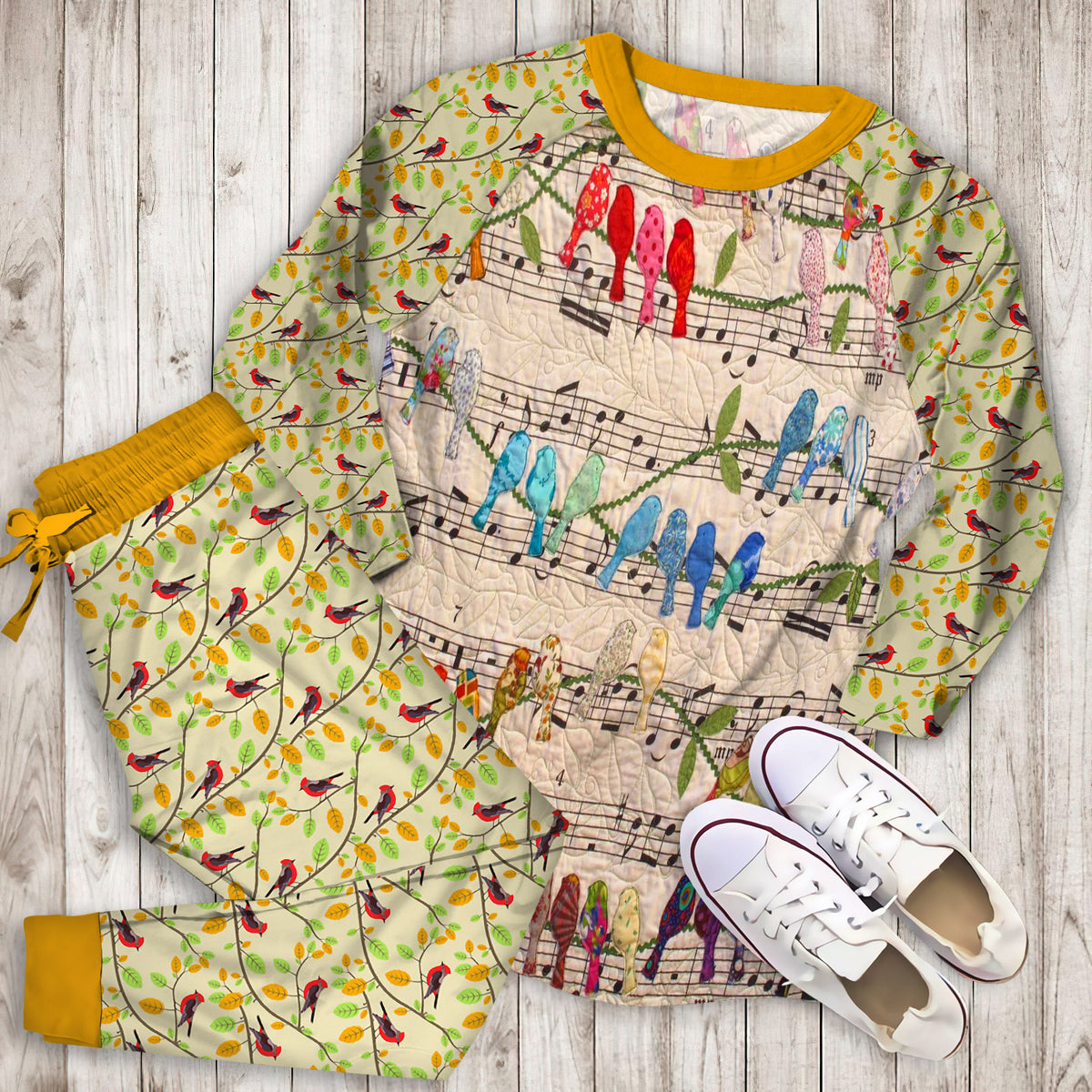 Musical Birds Pajama Set | Pajamas | Cotton Sleepwear Sets | Soft Long Sleeve Pjs | Raglan Shirt and Pants Set