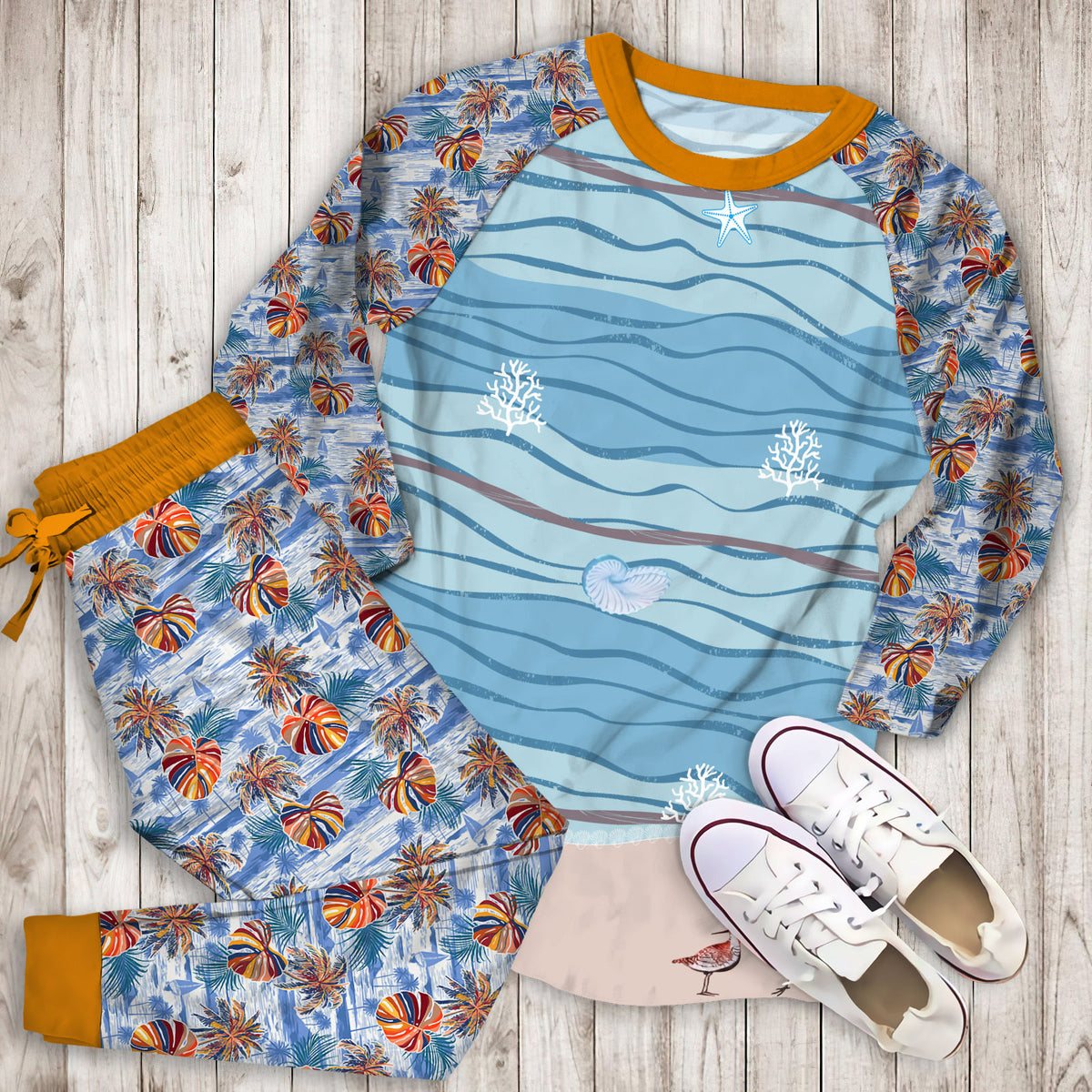 Beach Pajama Set | Pajamas | Cotton Sleepwear Sets | Soft Long Sleeve Pjs | Raglan Shirt and Pants Set