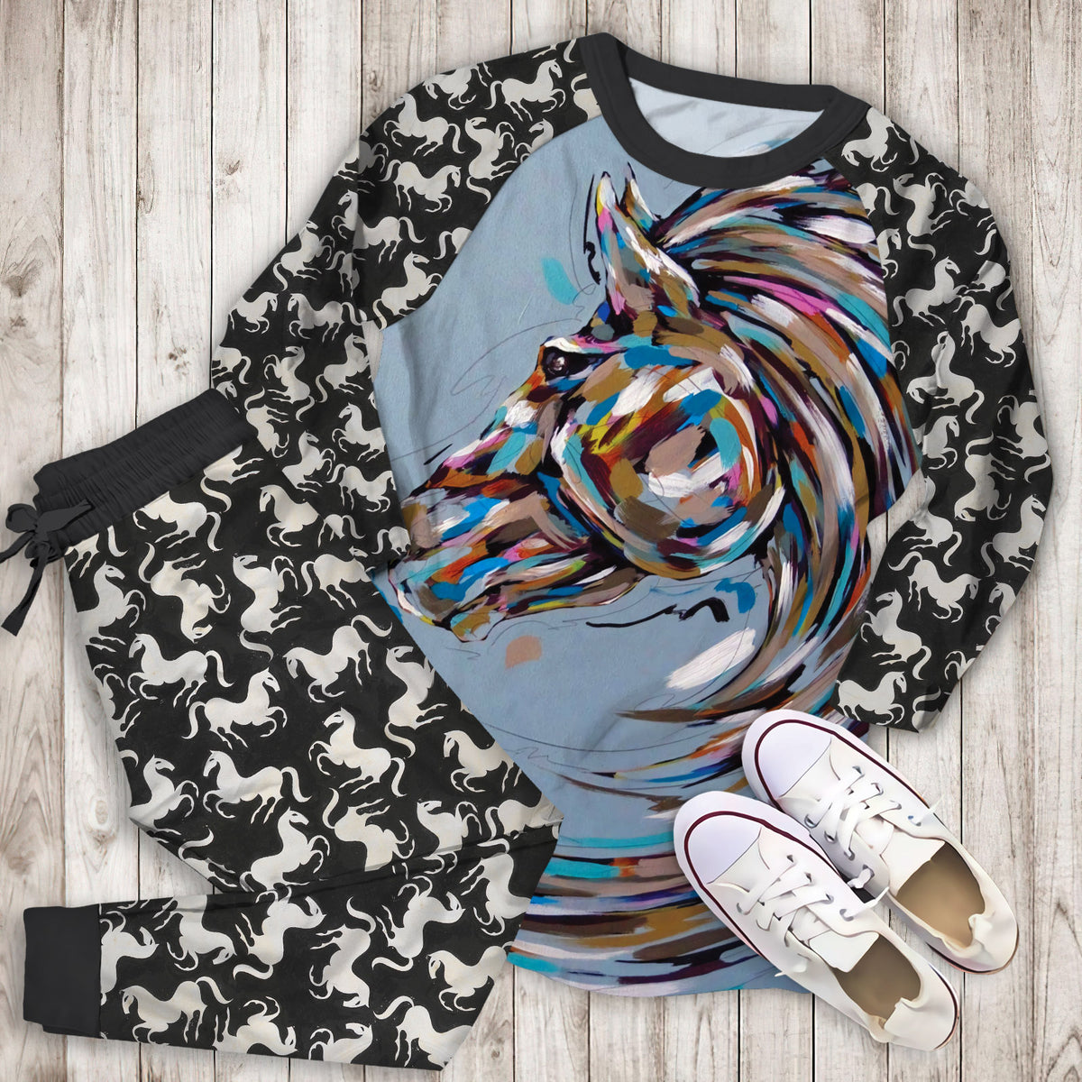 Horse Pajama Set | Pajamas | Cotton Sleepwear Sets | Soft Long Sleeve Pjs | Raglan Shirt and Pants Set