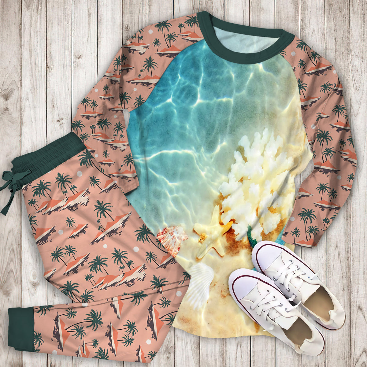 Summer Beach Seashore Pajama Set |Sleepwear Pjs Sets | Raglan Shirt Pants Set