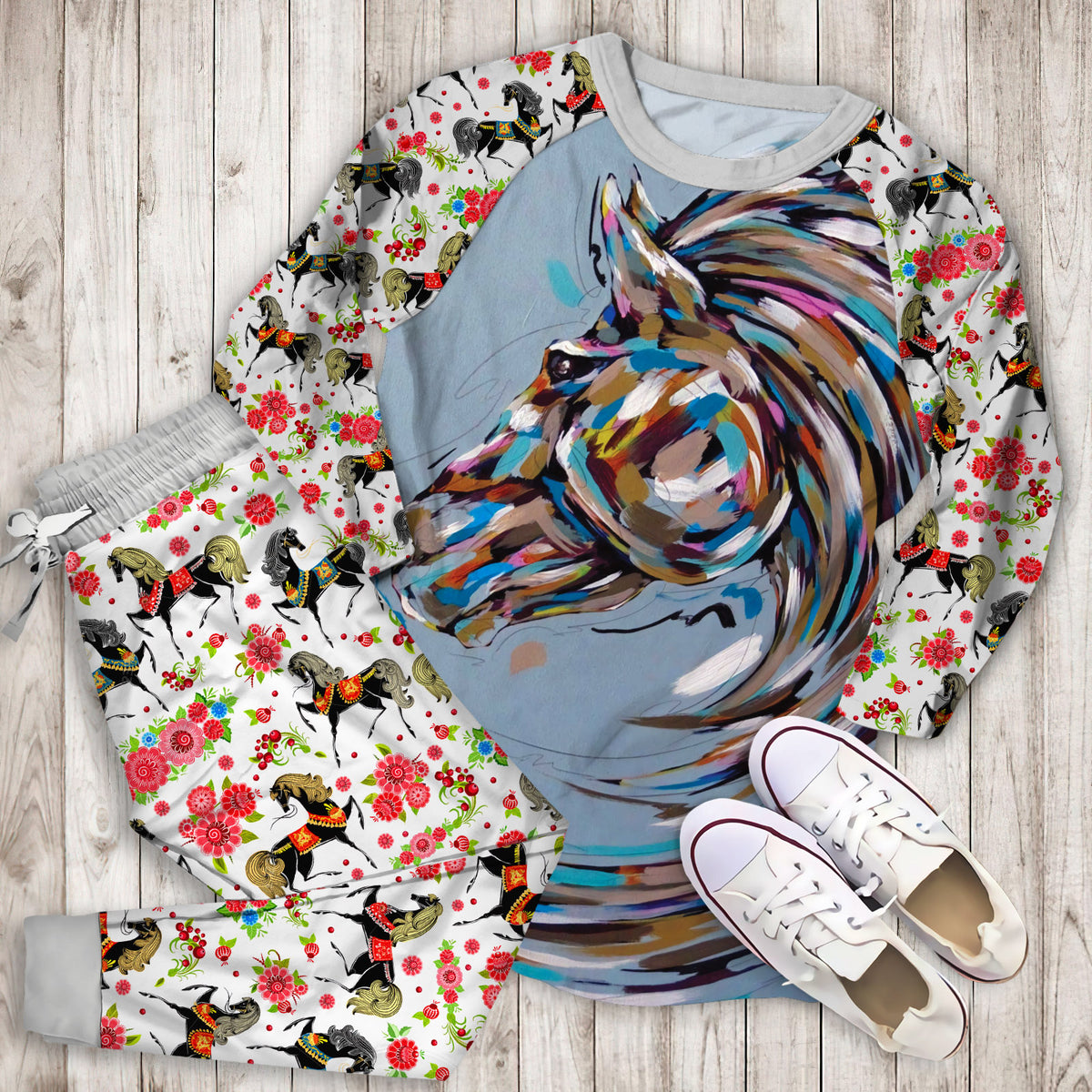 Horse Pajama Set | Pajamas | Cotton Sleepwear Sets | Soft Long Sleeve Pjs | Raglan Shirt and Pants Set