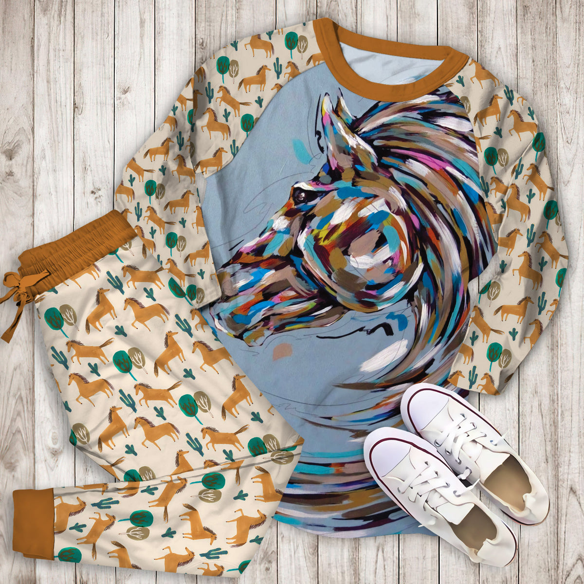 Horse Pajama Set | Pajamas | Cotton Sleepwear Sets | Soft Long Sleeve Pjs | Raglan Shirt and Pants Set
