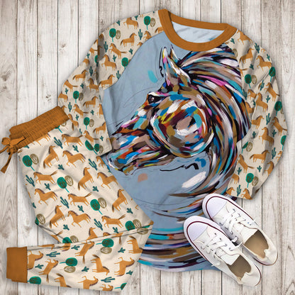 Horse Pajama Set | Pajamas | Cotton Sleepwear Sets | Soft Long Sleeve Pjs | Raglan Shirt and Pants Set