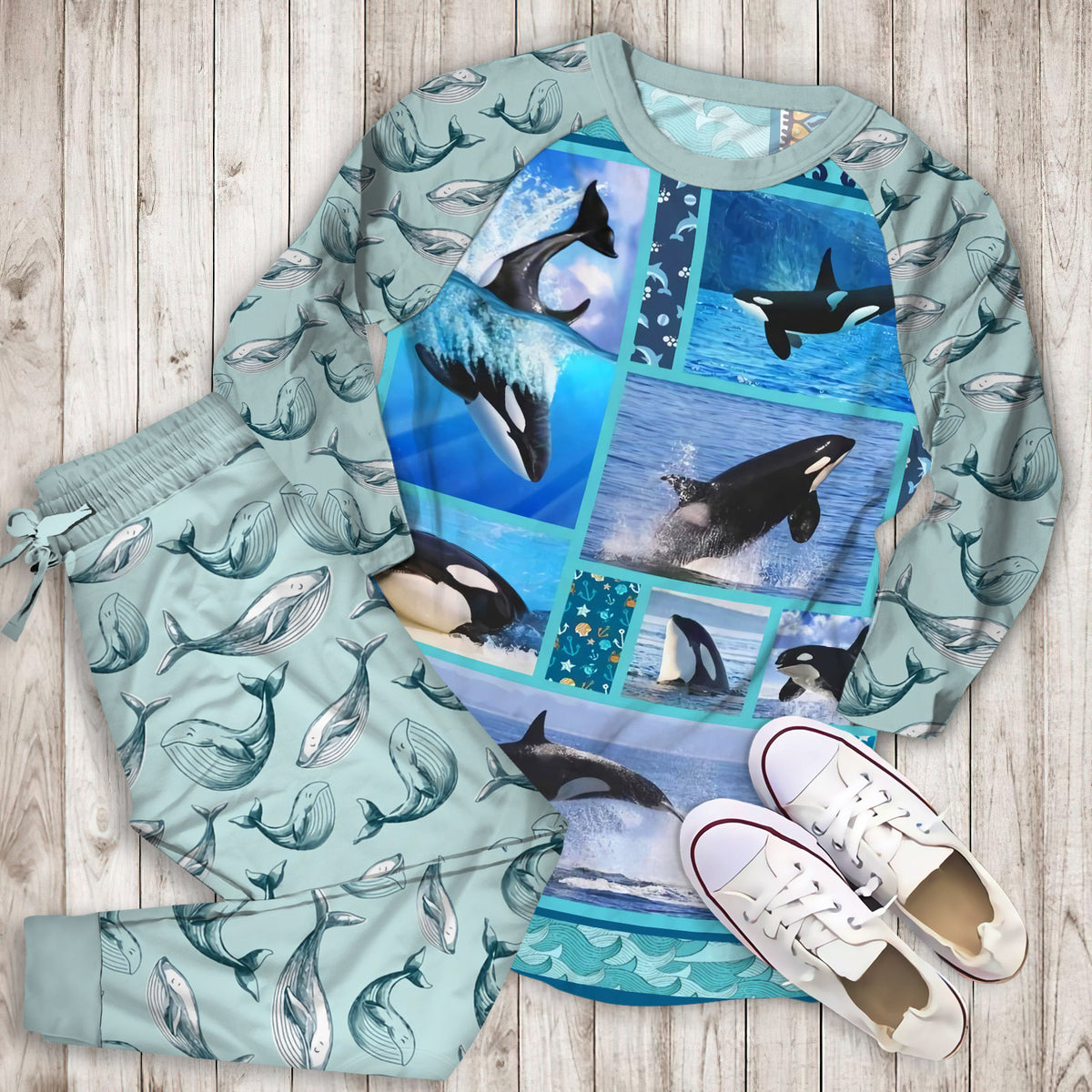 Orca Whale Killer Pajama Set |Sleepwear Pjs Sets | Raglan Shirt Pants Set