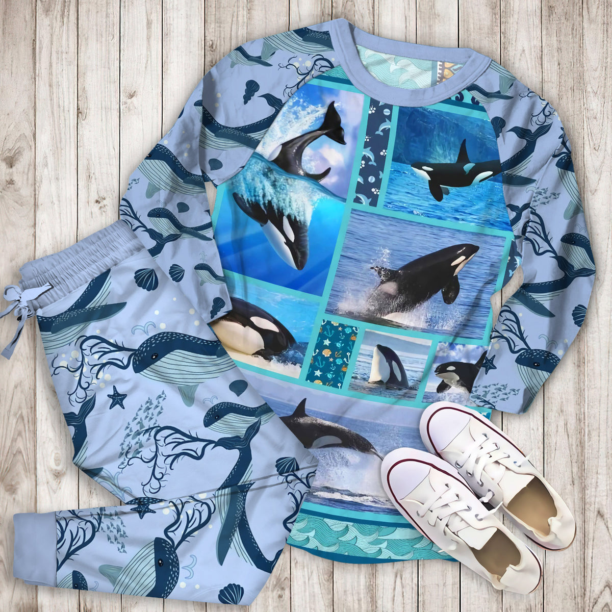 Orca Whale Killer Pajama Set |Sleepwear Pjs Sets | Raglan Shirt Pants Set