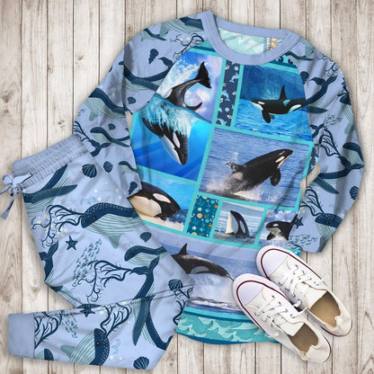 Orca Whale Killer Pajama Set |Sleepwear Pjs Sets | Raglan Shirt Pants Set