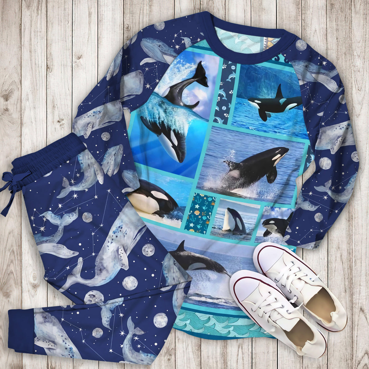 Orca Whale Killer Pajama Set |Sleepwear Pjs Sets | Raglan Shirt Pants Set