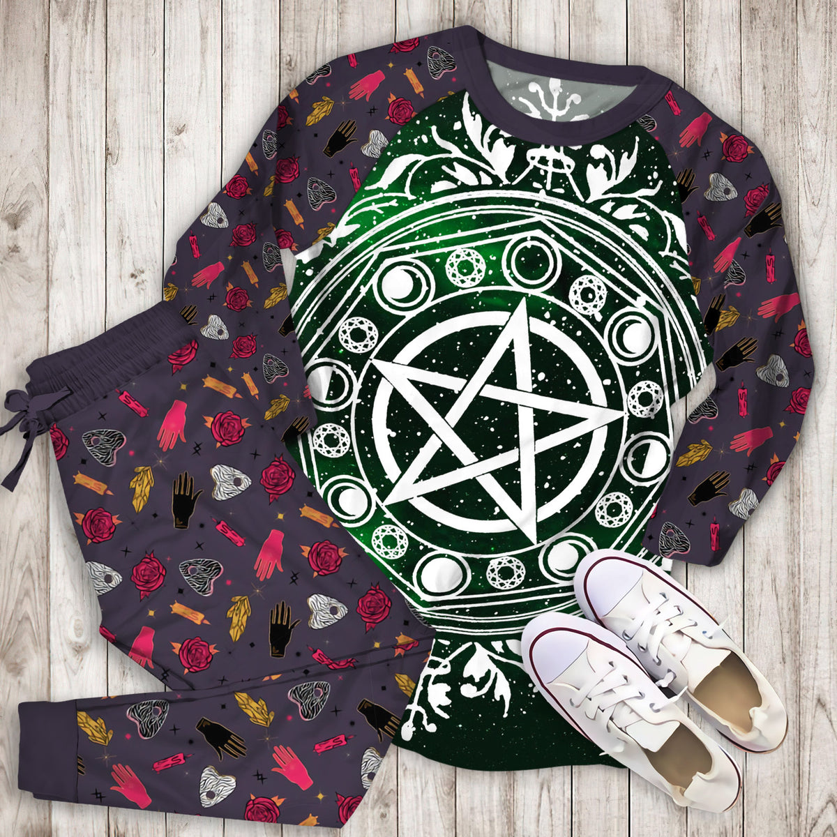 Wicca Green Pajama Set | Pajamas | Cotton Sleepwear Sets | Soft Long Sleeve Pjs | Raglan Shirt and Pants Set