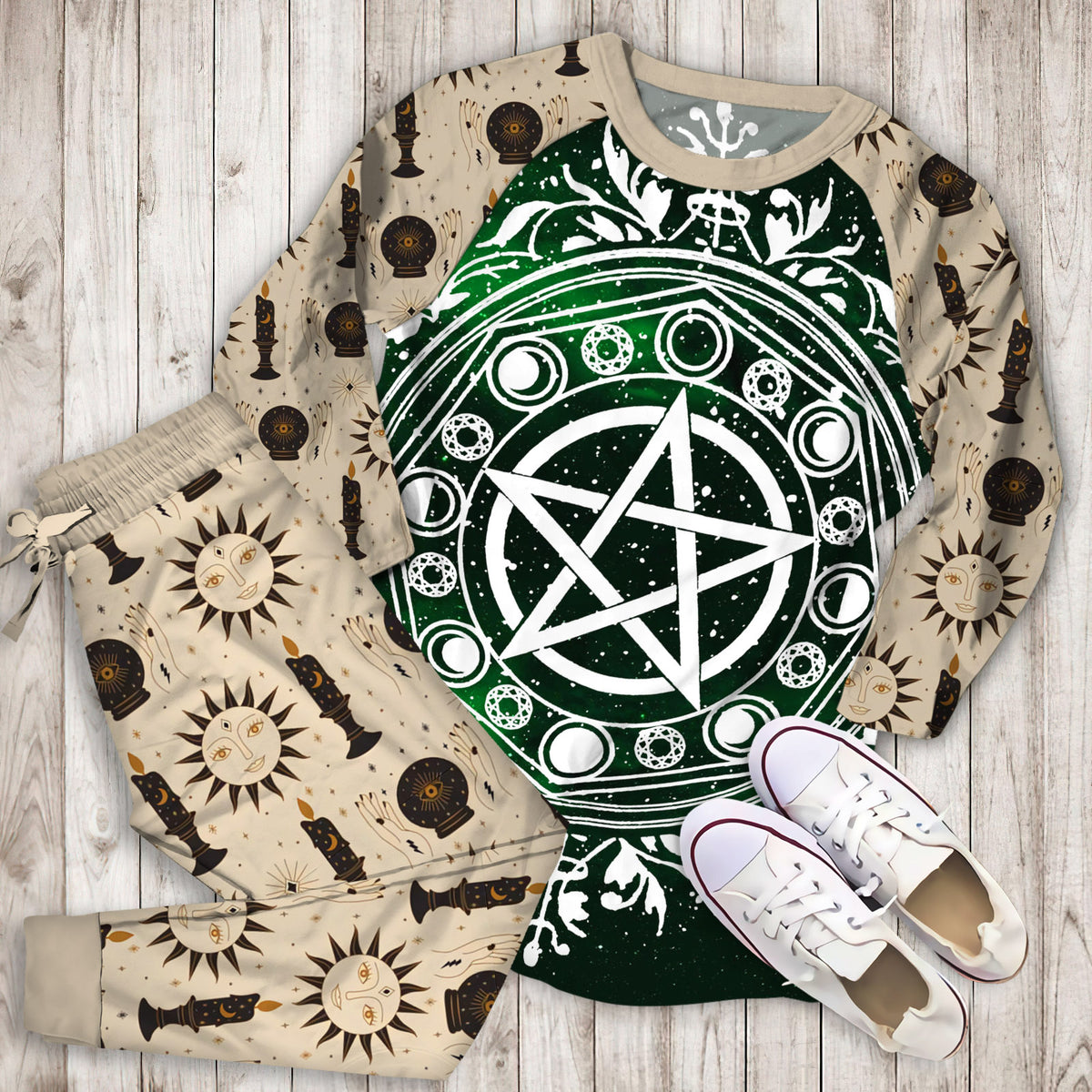 Wicca Green Pajama Set | Pajamas | Cotton Sleepwear Sets | Soft Long Sleeve Pjs | Raglan Shirt and Pants Set