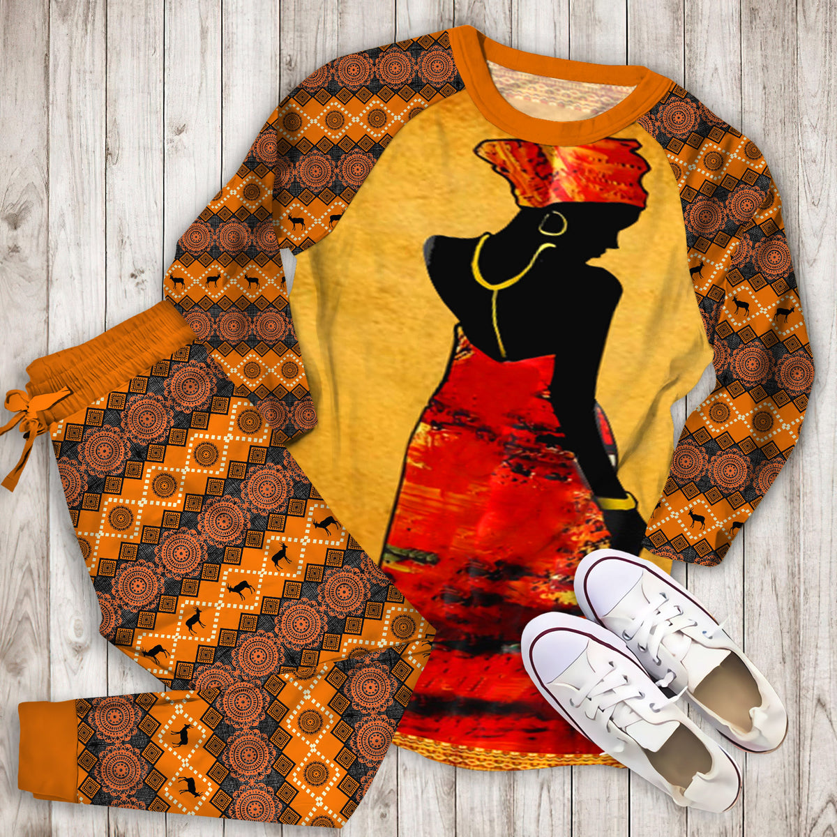 African Woman Queen Pajama Set |Sleepwear Pjs Sets | Raglan Shirt Pants Set