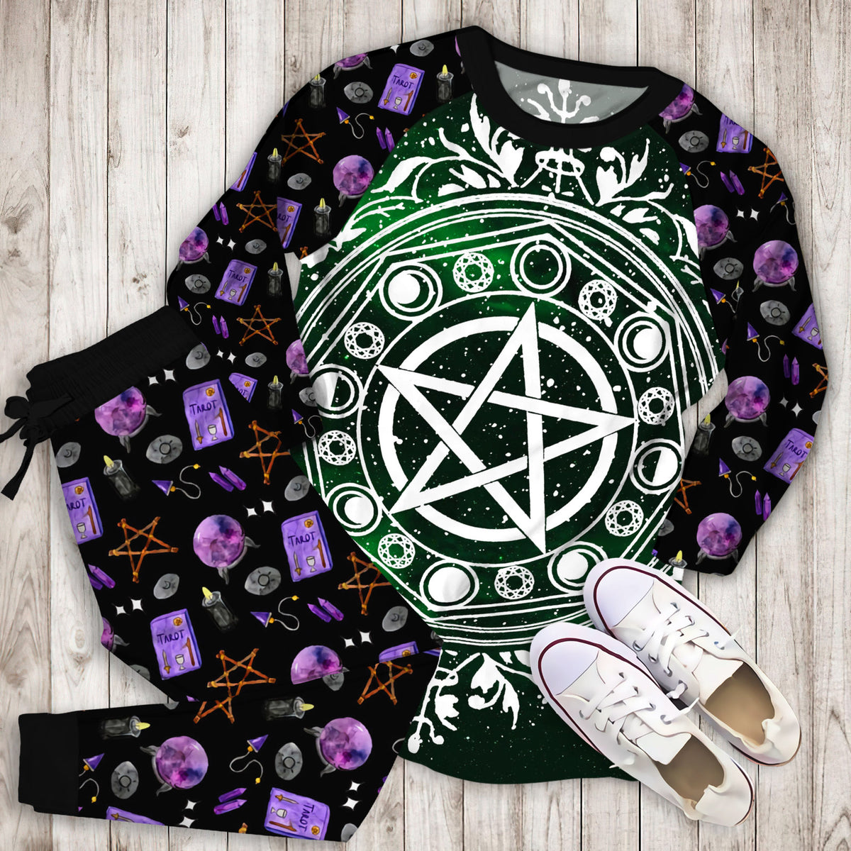 Wicca Green Pajama Set | Pajamas | Cotton Sleepwear Sets | Soft Long Sleeve Pjs | Raglan Shirt and Pants Set