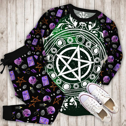 Wicca Green Pajama Set | Pajamas | Cotton Sleepwear Sets | Soft Long Sleeve Pjs | Raglan Shirt and Pants Set
