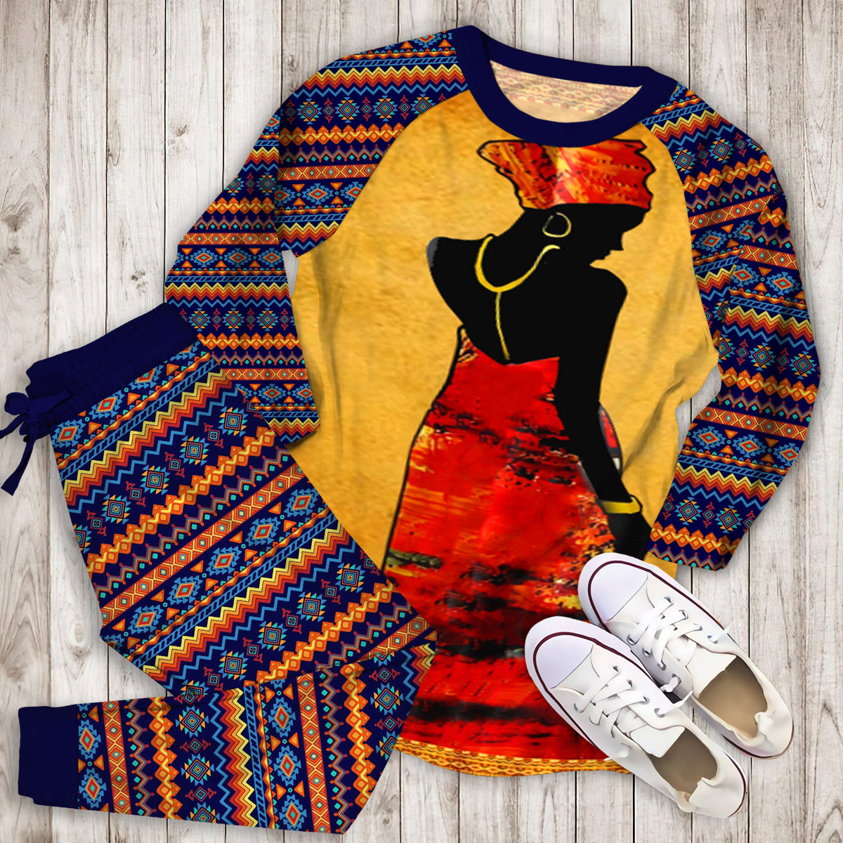 African Woman Queen Pajama Set |Sleepwear Pjs Sets | Raglan Shirt Pants Set