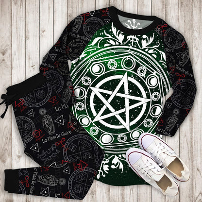 Wicca Green Pajama Set | Pajamas | Cotton Sleepwear Sets | Soft Long Sleeve Pjs | Raglan Shirt and Pants Set