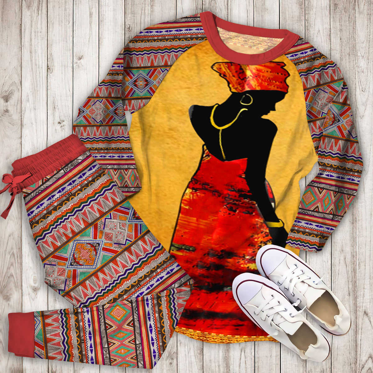 African Woman Queen Pajama Set |Sleepwear Pjs Sets | Raglan Shirt Pants Set