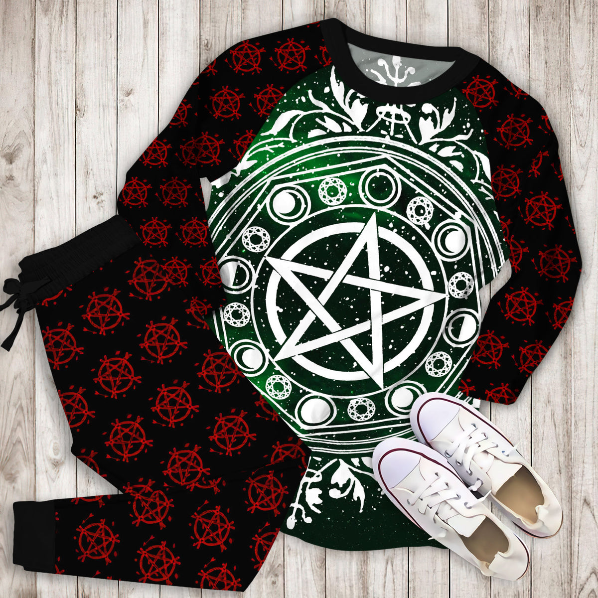 Wicca Green Pajama Set | Pajamas | Cotton Sleepwear Sets | Soft Long Sleeve Pjs | Raglan Shirt and Pants Set