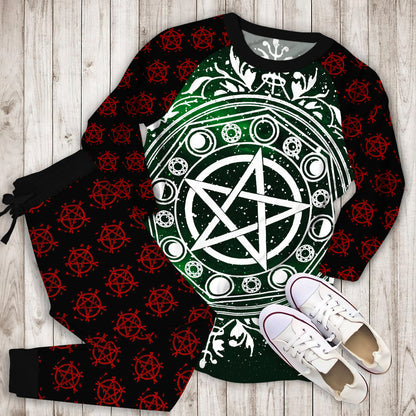Wicca Green Pajama Set | Pajamas | Cotton Sleepwear Sets | Soft Long Sleeve Pjs | Raglan Shirt and Pants Set