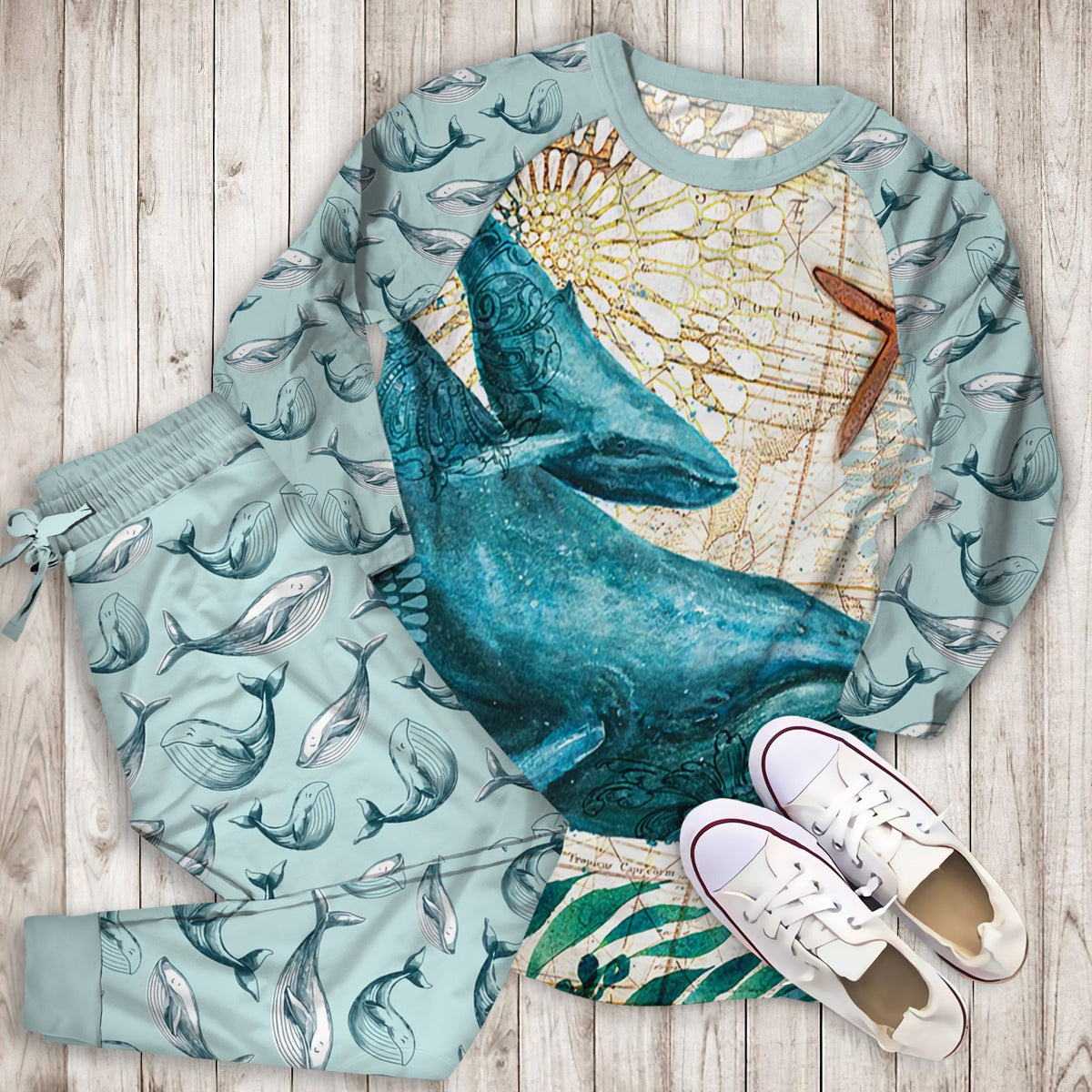 Whale Pajama Set |Sleepwear Pjs Sets | Raglan Shirt Pants Set