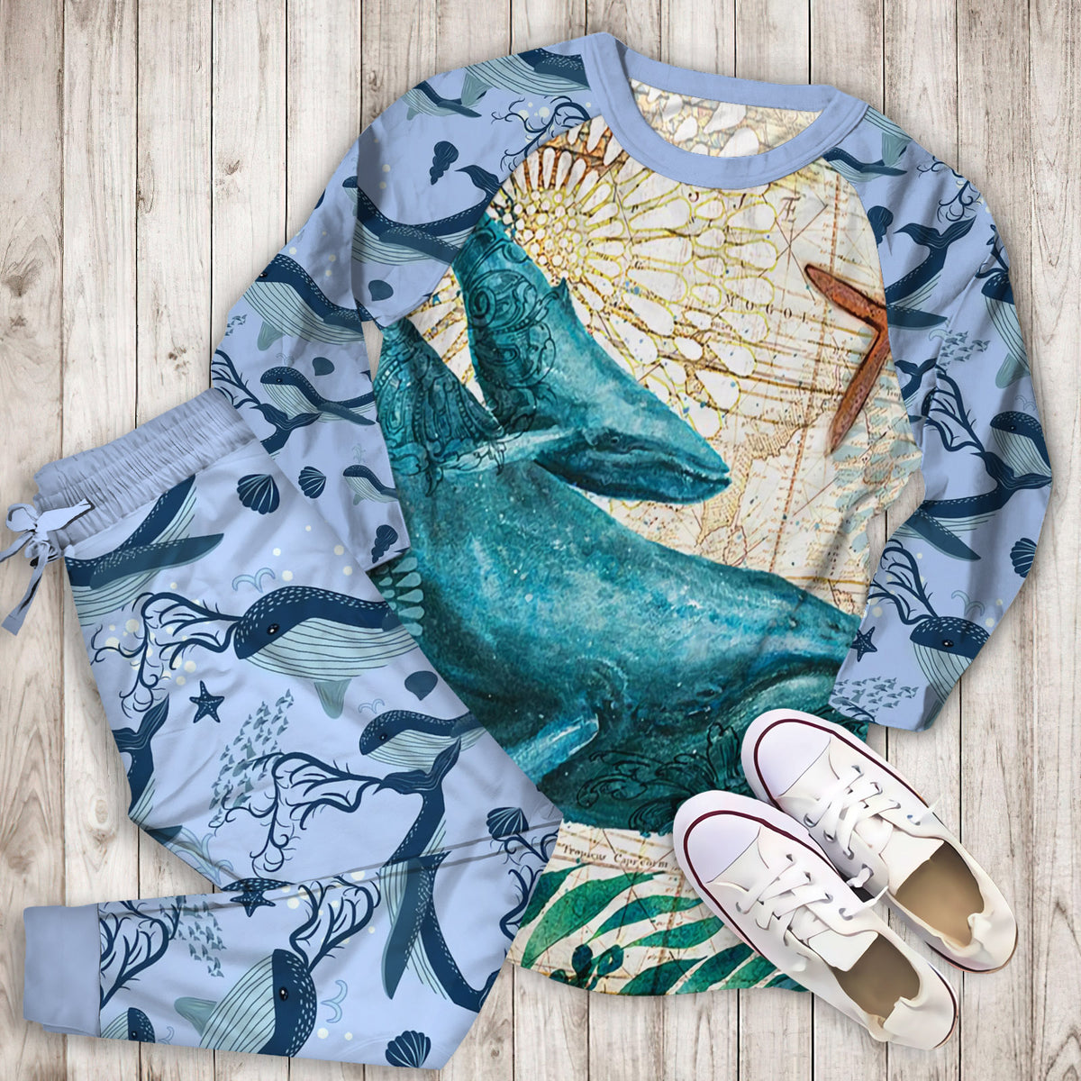Whale Pajama Set |Sleepwear Pjs Sets | Raglan Shirt Pants Set