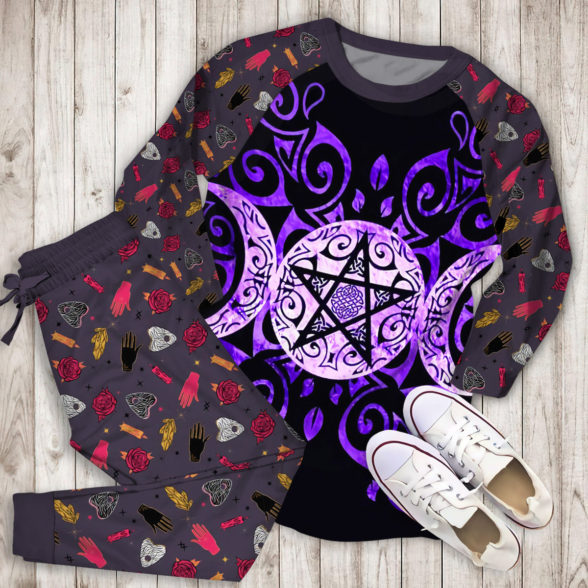 Wicca Triple Moon Pajama Set |Sleepwear Pjs Sets | Raglan Shirt Pants Set