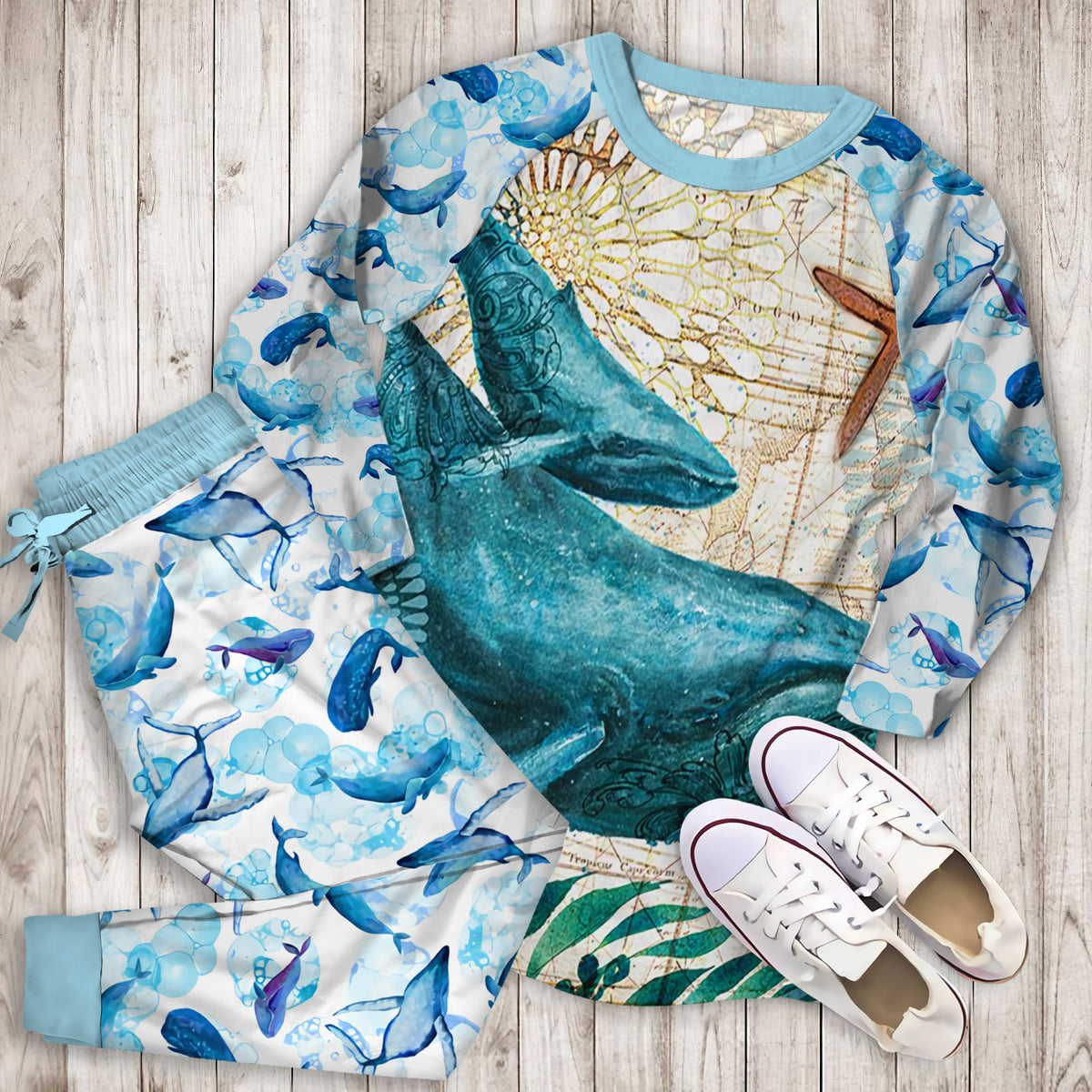 Whale Pajama Set |Sleepwear Pjs Sets | Raglan Shirt Pants Set