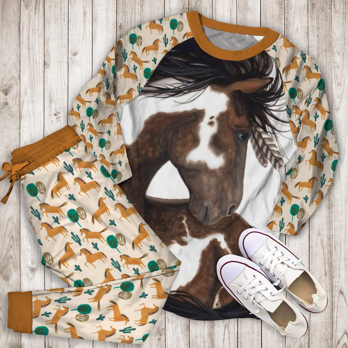 Horse Pajama Set | Pajamas | Cotton Sleepwear Sets | Soft Long Sleeve Pjs | Raglan Shirt and Pants Set