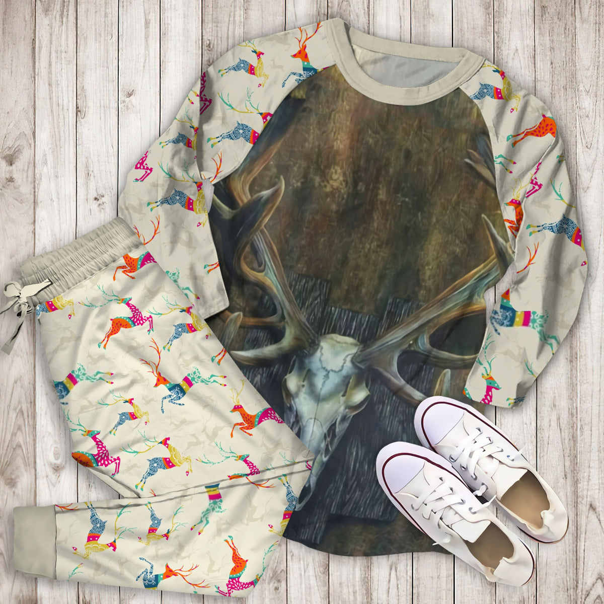 Deer Deer Skull Pajama Set | Pajamas | Cotton Sleepwear Sets | Soft Long Sleeve Pjs | Raglan Shirt and Pants Set