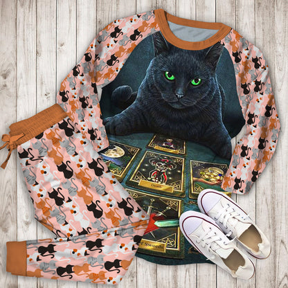 Wiccan Cat The Tarot Reader Pajama Set |Sleepwear Pjs Sets | Raglan Shirt Pants Set