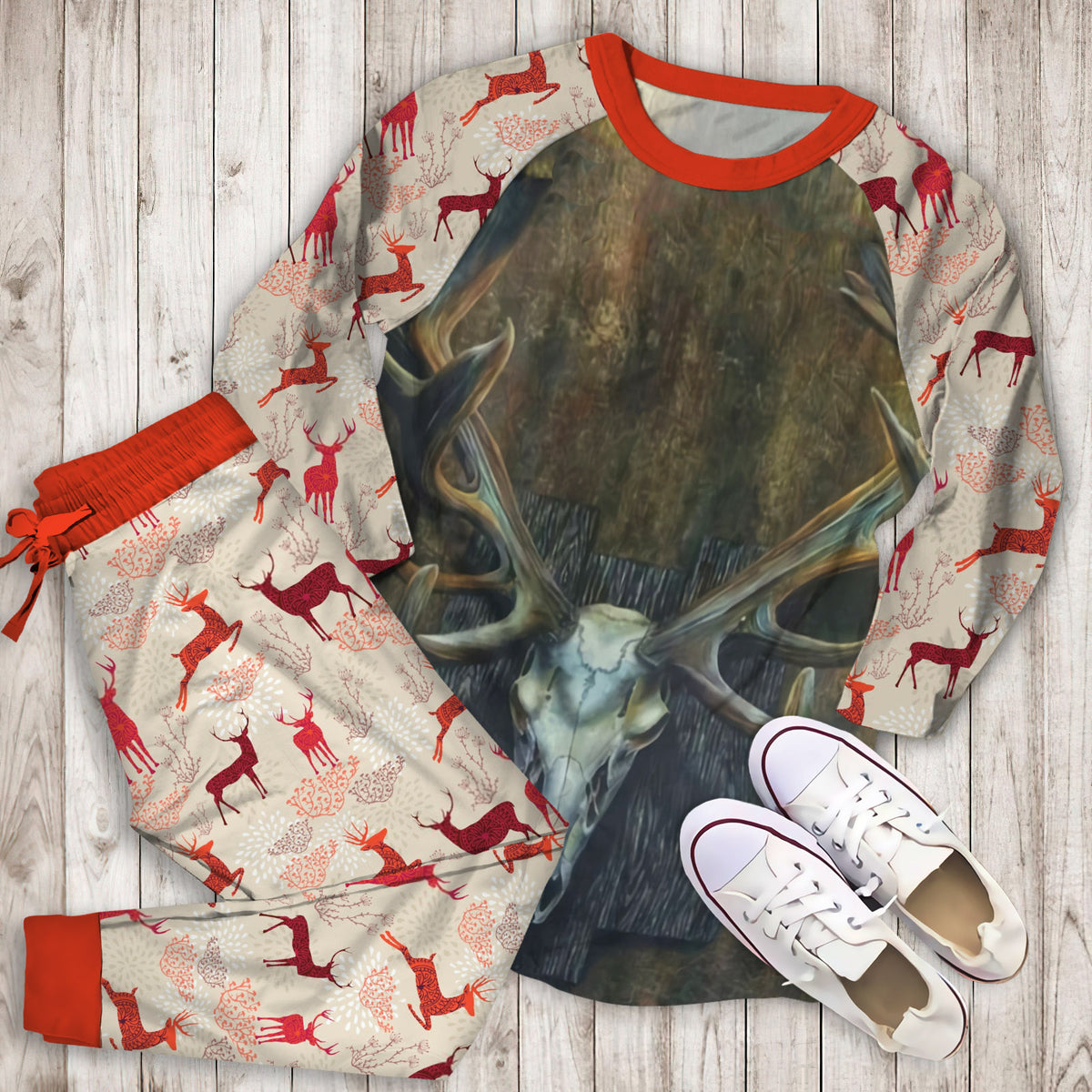 Deer Deer Skull Pajama Set | Pajamas | Cotton Sleepwear Sets | Soft Long Sleeve Pjs | Raglan Shirt and Pants Set