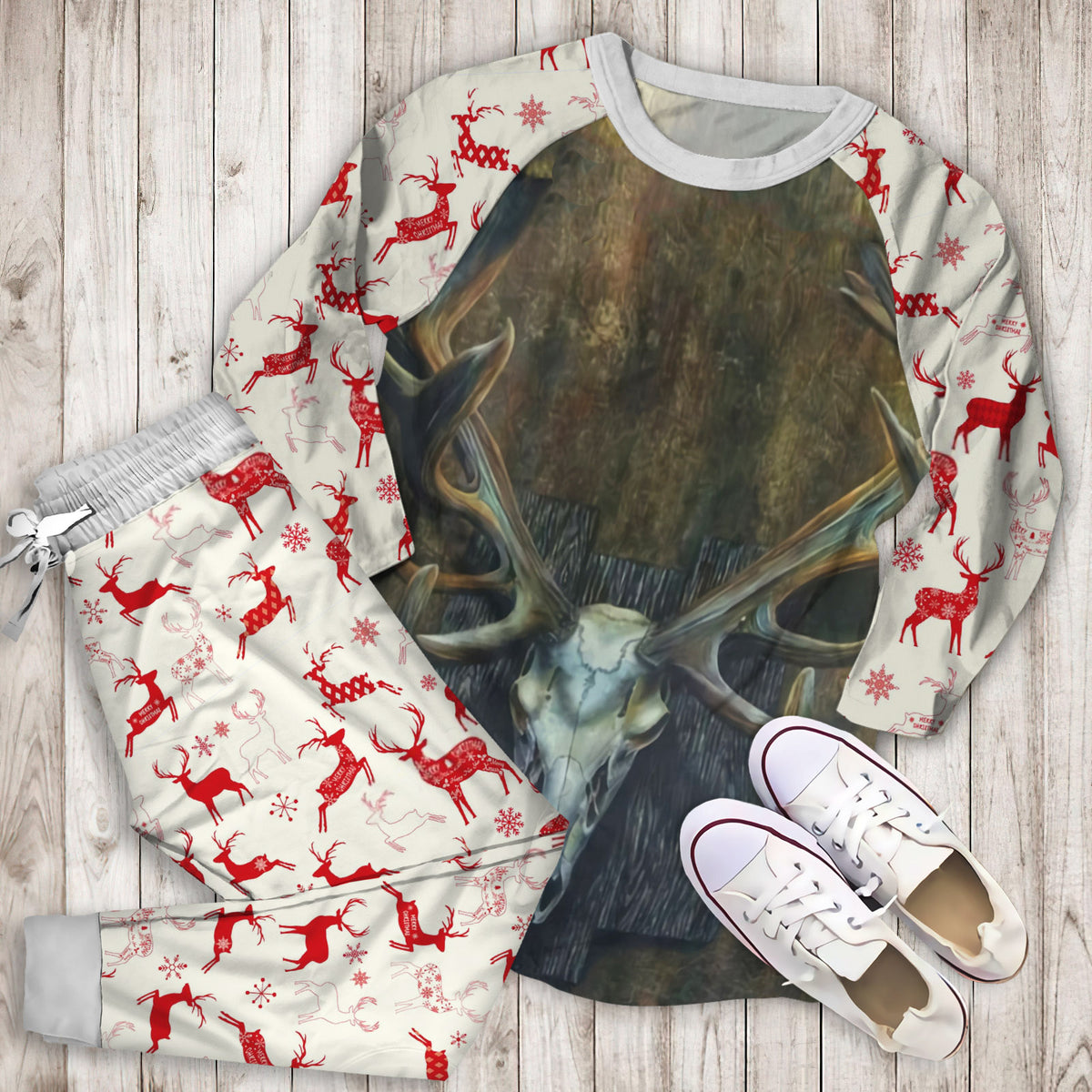 Deer Deer Skull Pajama Set | Pajamas | Cotton Sleepwear Sets | Soft Long Sleeve Pjs | Raglan Shirt and Pants Set