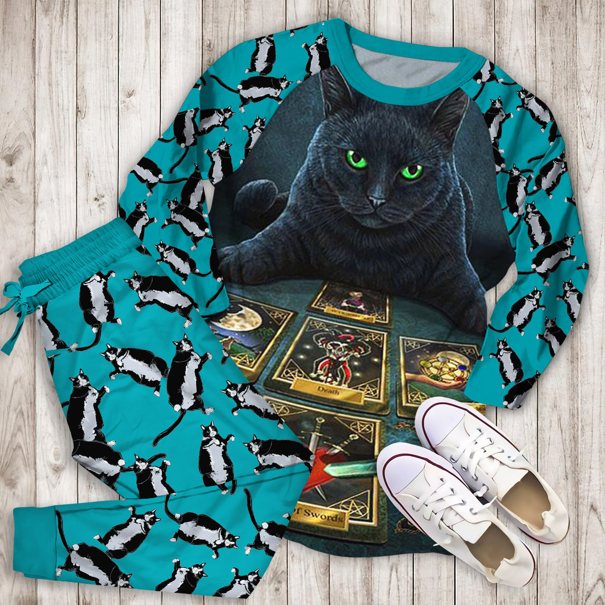 Wiccan Cat The Tarot Reader Pajama Set |Sleepwear Pjs Sets | Raglan Shirt Pants Set